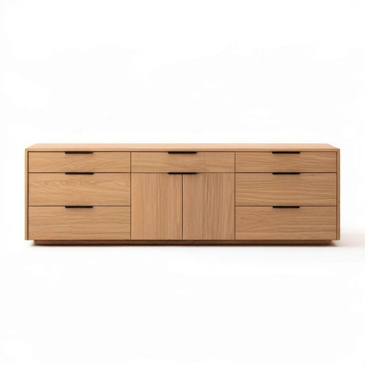 Sideboard aus Eichenfurnier Natur/Schwarz mit 7 Schubladen und 2 Türen, 200 × 45 × 75 cm