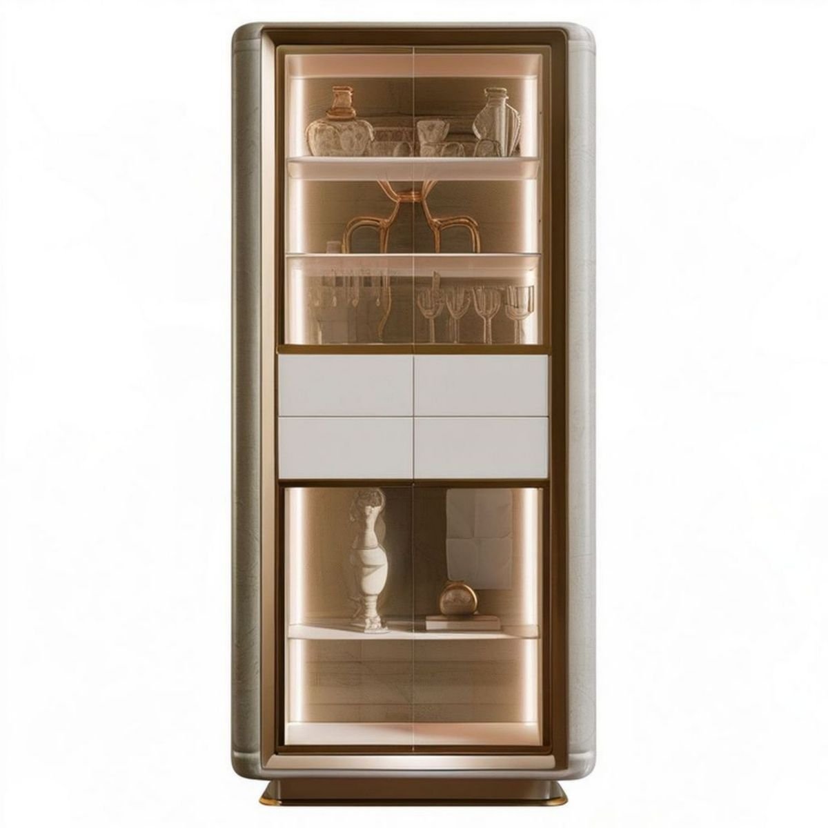 LED-Vitrine 100 x 45 x 220 cm aus MDF, PU-Kunstleder und Sicherheitsglas in Beige/Bronze