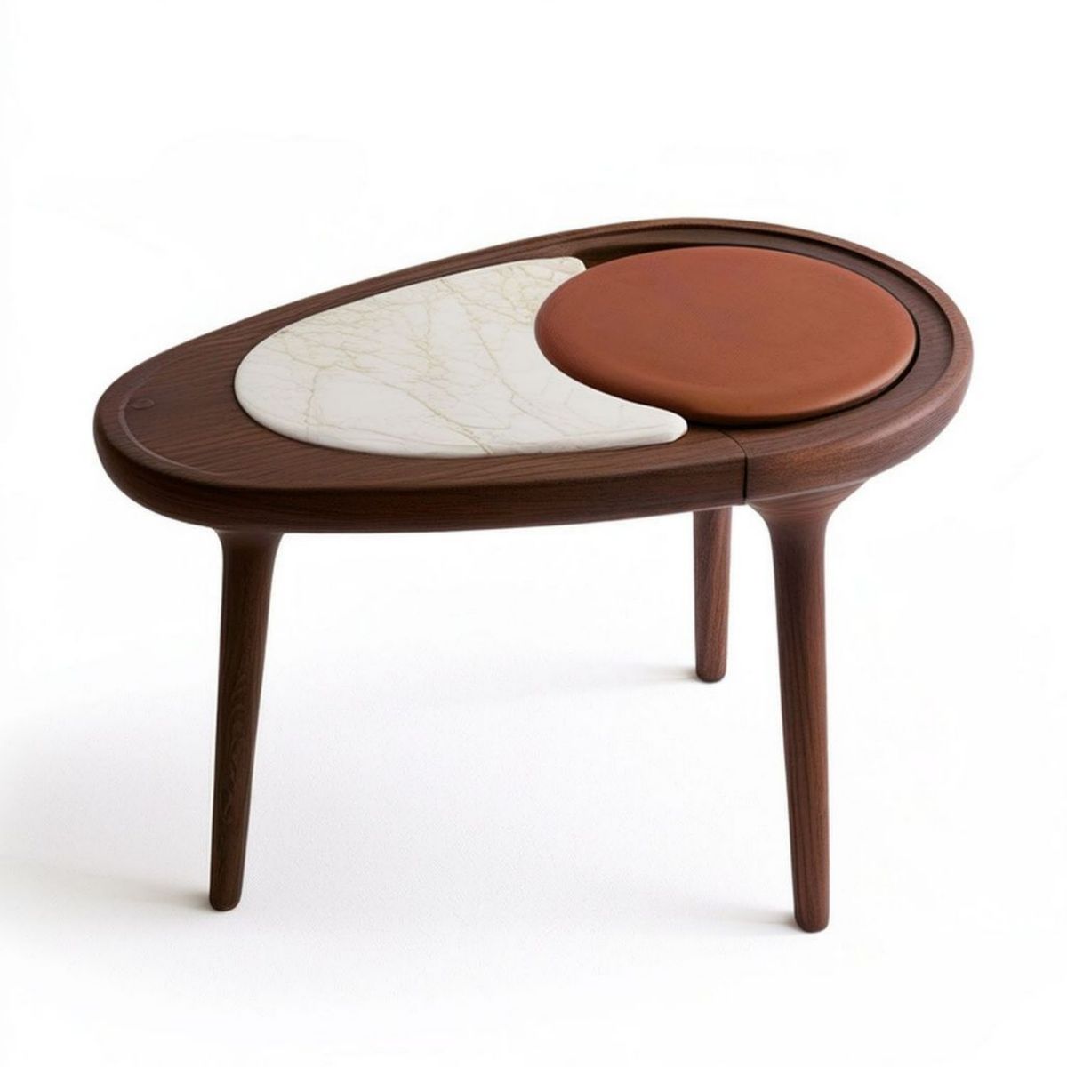 Ovaler Beistelltisch 90 x 60 x 50 cm in Walnussbraun mit Sinterstein und PU-Kunstleder