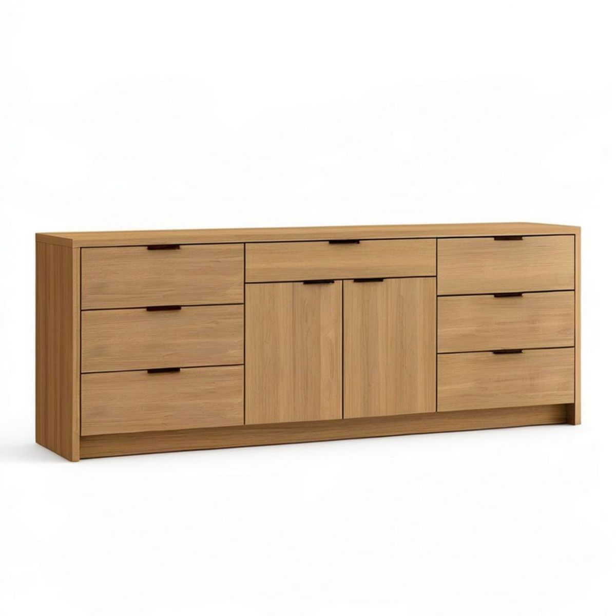 Sideboard aus Eichenfurnier mit 7 Schubladen und 2 Türen, 180 x 45 x 80 cm, Natur