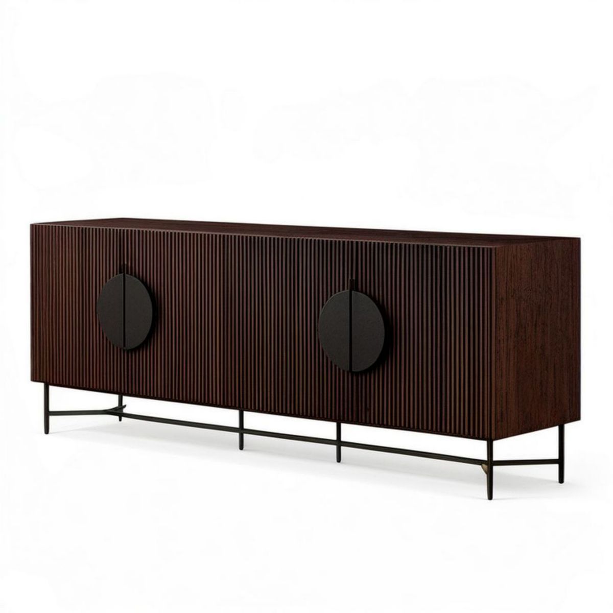 Modernes Sideboard 180 x 40 x 75 cm in Dunkelbraun/Schwarz mit geriffelter MDF-Front