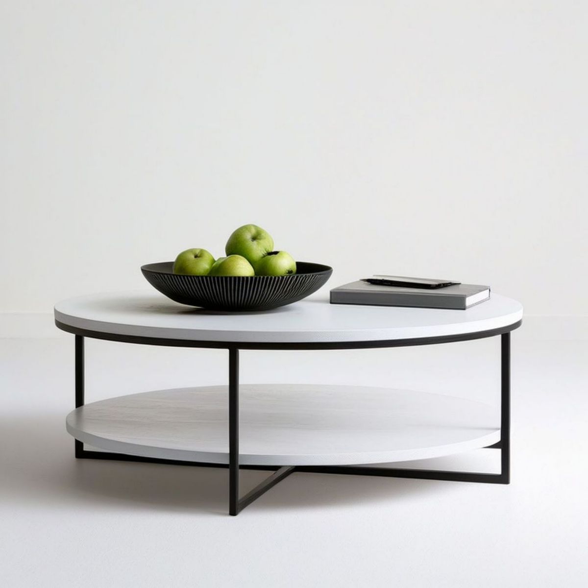 Runder Couchtisch mit Ablage, 80 x 80 x 45 cm, Weiss/Schwarz, MDF und Stahl