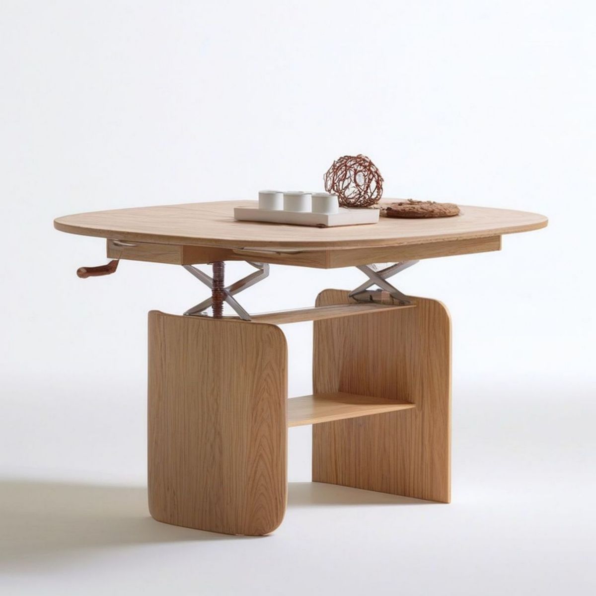 Höhenverstellbarer ovaler Couchtisch mit Kurbel, 110 x 60 x 45–70 cm, Eichenfurnier Natur