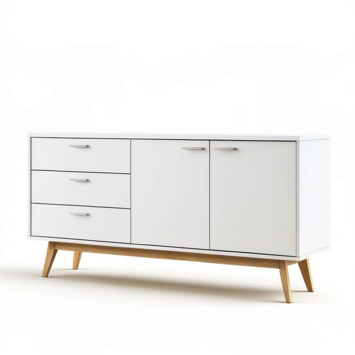 Weisses Sideboard mit 3 Schubladen und 2 Türen, Naturholzbeine, 160 x 40 x 85 cm