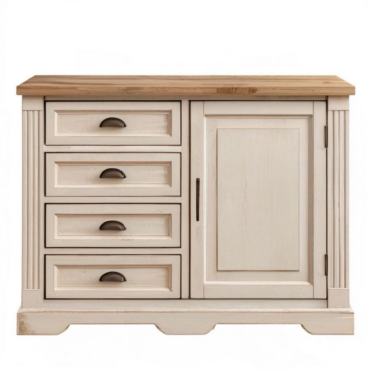 Landhaus-Kommode aus massivem Kiefernholz mit 4 Schubladen und 1 Tür, Weiss/Natur, 100 × 40 × 85 cm
