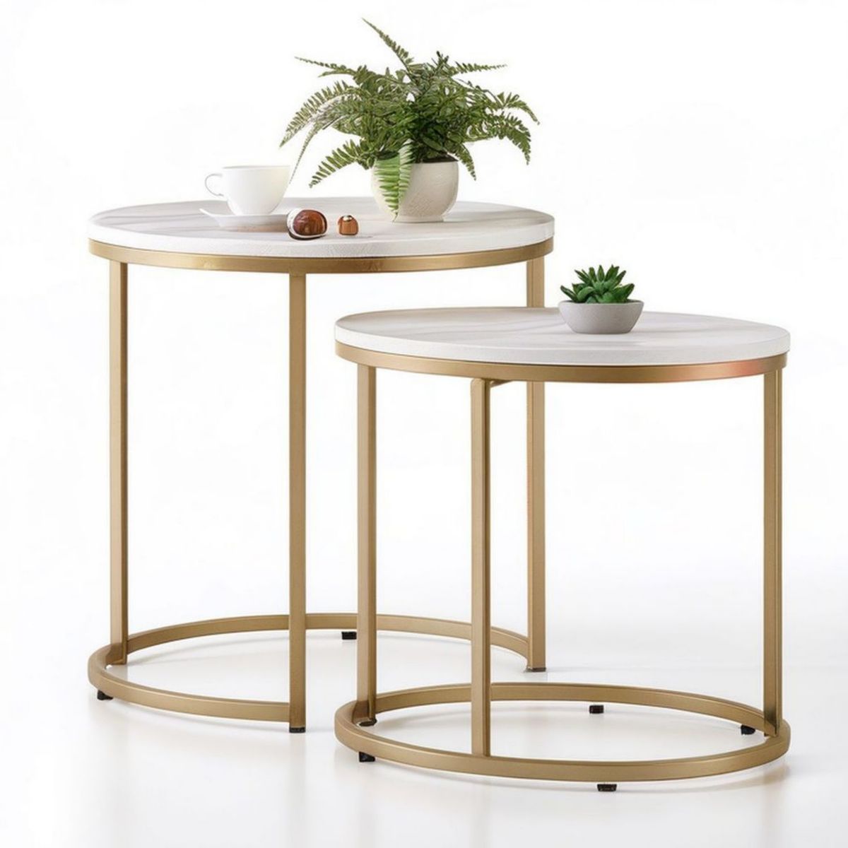 2-teiliges rundes Couchtisch-Set in Weiss/Gold, Ø 80 x 60 cm und Ø 60 x 45 cm